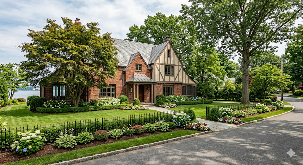 Westchester County home with hydrangeas, mature trees, and manicured front yard landscaping by Juan Valdovinos